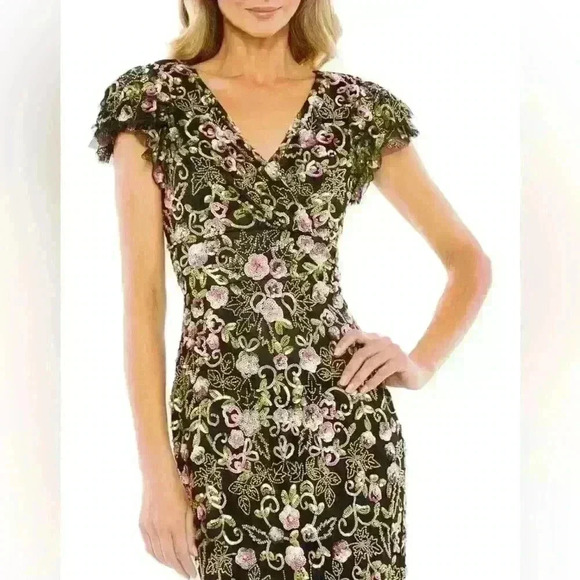 Mac Duggal Black Multi Floral Embroidered Flutter Cap Sleeve Midi Dress Size 4 - Picture 17 of 17